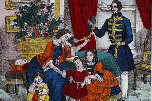 „Familienglück“, Neuruppiner Bilderbogen, kol. Kreidelithographie ca. 1860-70