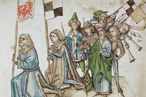 Richental-Chronik, Belehnung des Burggrafen Friedrich von Nürnberg mit der Mark Brandenburg, Holzschnitt 2. Hälfte 15. Jahrhundert