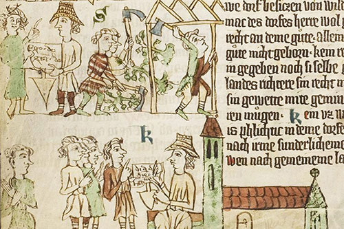 Heidelberger Sachsenspiegel, Ostsiedlung, Illustration Anfang 14. Jahrhundert 